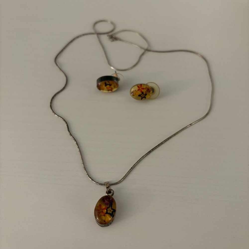 Vintage 925 MYG Mexico Silver Pressed Flower Pedant & Earring Set